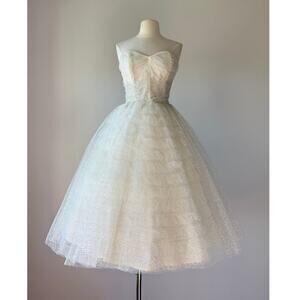 Vintage 1950s Princess Fairy Silver Tulle Wedding Prom Bridal Dress XS